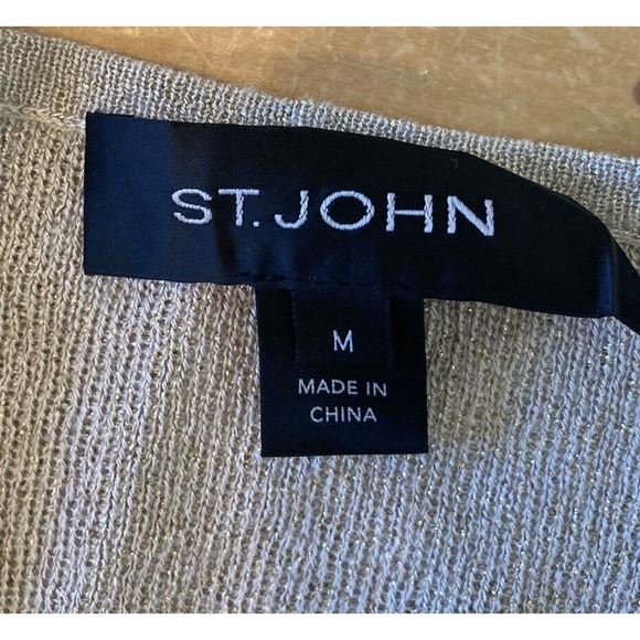 St. John Cardigan Sweater Size Medium Women’s Beige Metallic Open Front - Picture 3 of 8